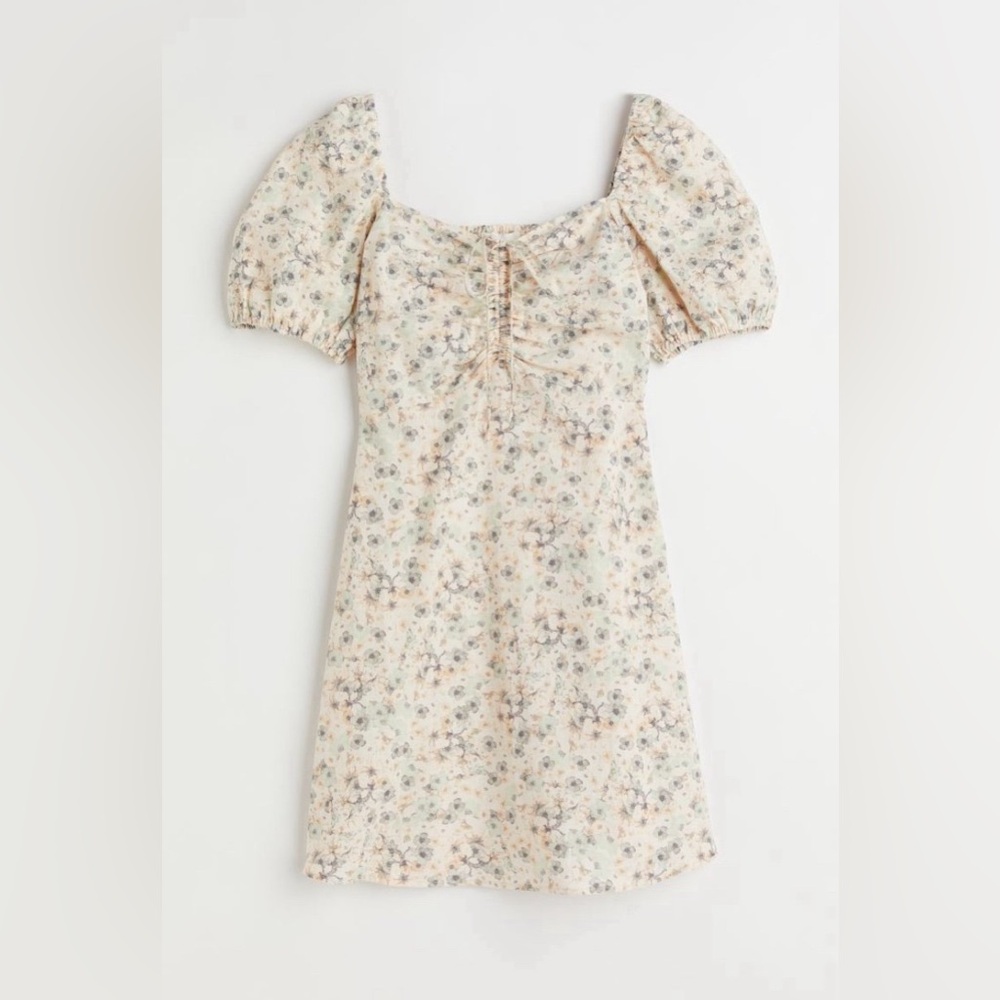 NWT H&M Linen Floral Puff Sleeved Dress Size Medium